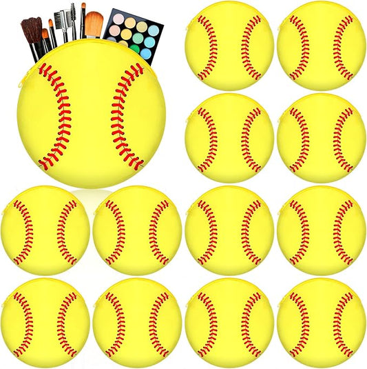 Reginary 12 Pcs Softball Makeup Bags Team Gift Round Sport Cosmetic Bags Canvas Softball Pouch Portable Makeup Pouch Travel Organizer for Women Men Team Player Travel