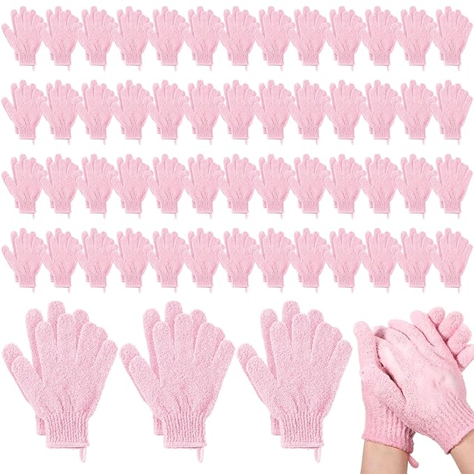 104 Pcs Exfoliating Glove Bulk Shower Gloves with Hanging Loop Exfoliating Body Scrubber Dead Skin Remover for Body Bath Beauty Spa Massage Scrubs Men Women Bathing (Pink)