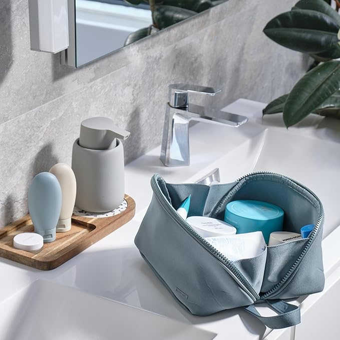 LINE+ARC Machine-Washable Neoprene Toiletry Bag (Granite) Modern Gray Heather Dopp Kit Soft Insulation Cosmetics Makeup Travel Skincare Shaving Large Case Men Women Overnight Easy-to-Clean