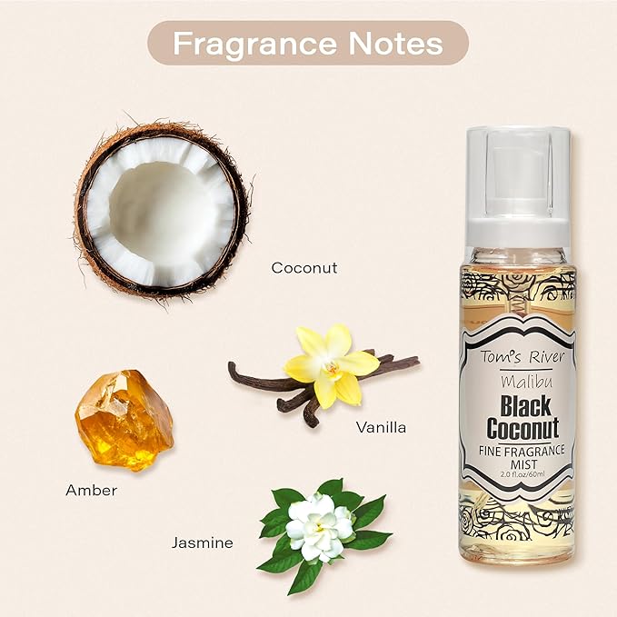 Tom's River Fine Fragrance Body & Hair Mist | Black Coconut Scented (Pack of 3) | For Daily Use | Travel-Friendly | 2 fl oz/ 60ml per Bottle