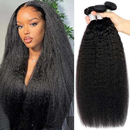 26 28 30 Kinky Straight Human Hair Bundles Yaki Straight Bundles Human Hair 3 Bundles For Black Women 100% Unprocessed Brazilian Virgin Human Hair Bundles Kinky Hair Bundles Straight Natural Black