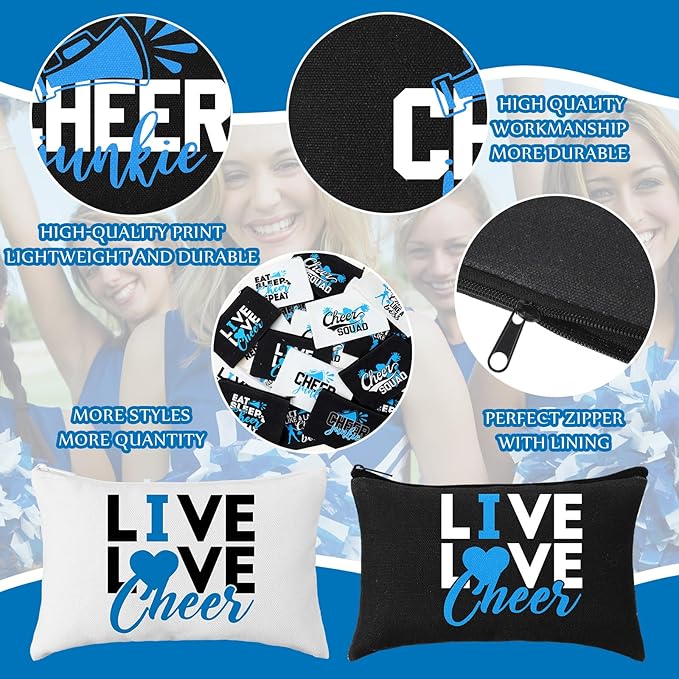 Pinkunn 20 Pcs Cheer Makeup Bags Bulk Cheerleader Gifts for Women Canvas Cheer Cosmetic Pouch Toiletry Zipper Makeup Case Cheerleading Portable Travel Pouch Team Accessories(Blue)