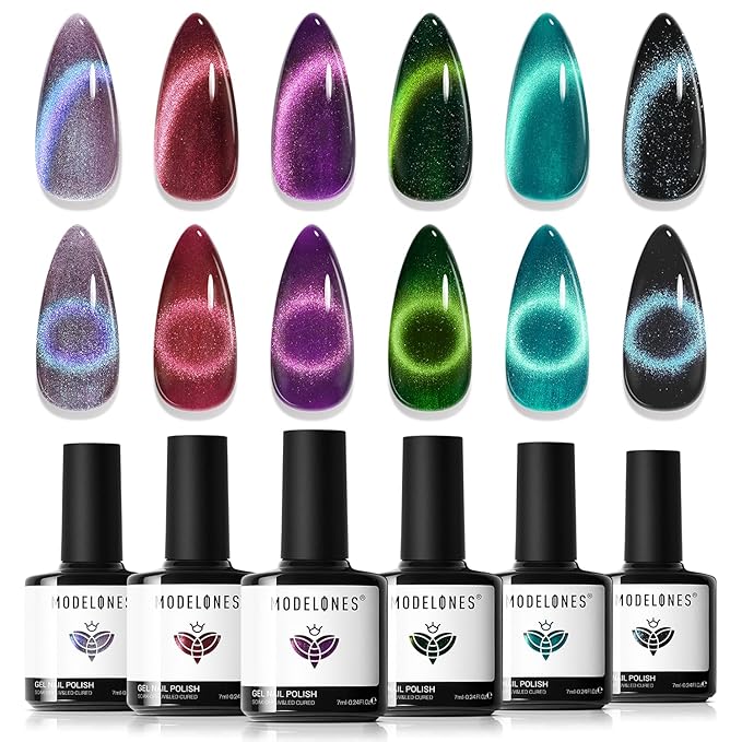 Modelones Cat Eye Gel Nail Polish, 6 Colors Glitter Red Green Purple Blue Gel Polish Set with Magnet Sparkle Galaxy Series Nail Gel Polish Kit Soak Off Led Nail Art Manicure Salon DIY Gifts