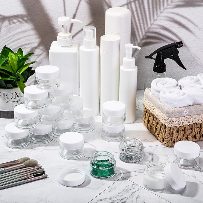 Domensi 60 Pcs 1oz Glass Jars with Lids Bulk Salve Tins Small Glass Candle Cosmetic Jars for Travel with Inner Liners Containers for Lotions Sample Cream(Clear, White Lid)