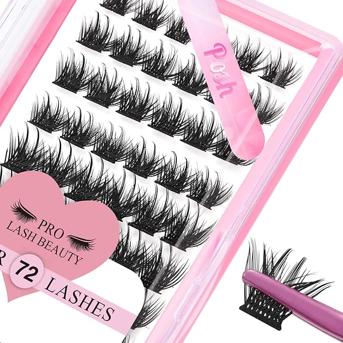 Lash Clusters, 72 Pcs Individual Cluster Lashes DIY Lash Extension 10-16mm Eyelash Clusters Volume Wispy Lashes Super Thin Band Reusable Soft & Comfortable(Posh,D-14mm)