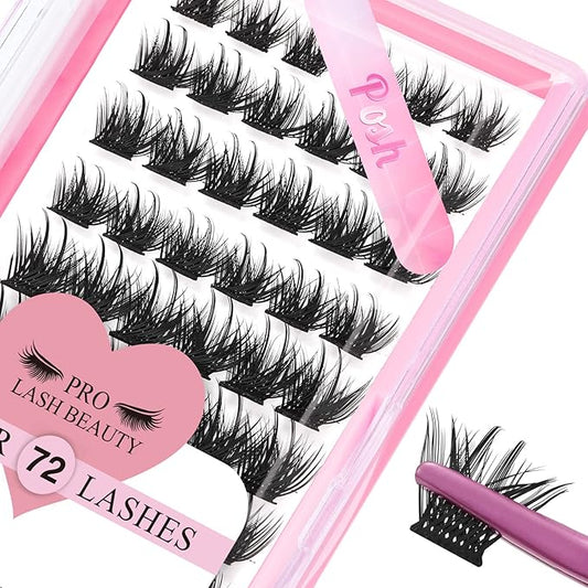 Lash Clusters, 72 Pcs Individual Cluster Lashes DIY Lash Extension 10-16mm Eyelash Clusters Volume Wispy Lashes Super Thin Band Reusable Soft & Comfortable(Posh,D-14mm)