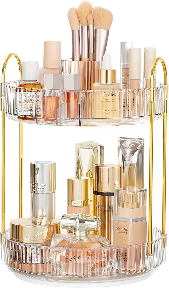 HBlife 360 Rotating Makeup Organizer, 2 Tier Perfume Organizer Skincare Organizer Large Capacity Cosmetic Storage for Bathroom, Vanity, Countertop, Clear