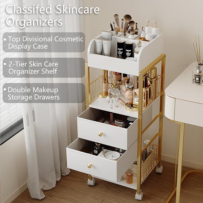 Floor Makeup Organizer Cart, Large Skincare organizers, Makeup Stand with Drawers, Makeup Vanity Organizer Cosmetics Display Cases Holder for Skin Care Nail Polish Perfume Makeup Brush (Gold)