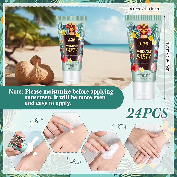 24 Pcs Mini Sunscreen Bulk for Summer Wedding Party Spf 30 Water Resistant Sunscreen Lotion Bulk 1oz Travel Size for Thank You Gifts Wedding Party Supplies(White Cream,Hawaiian Party)