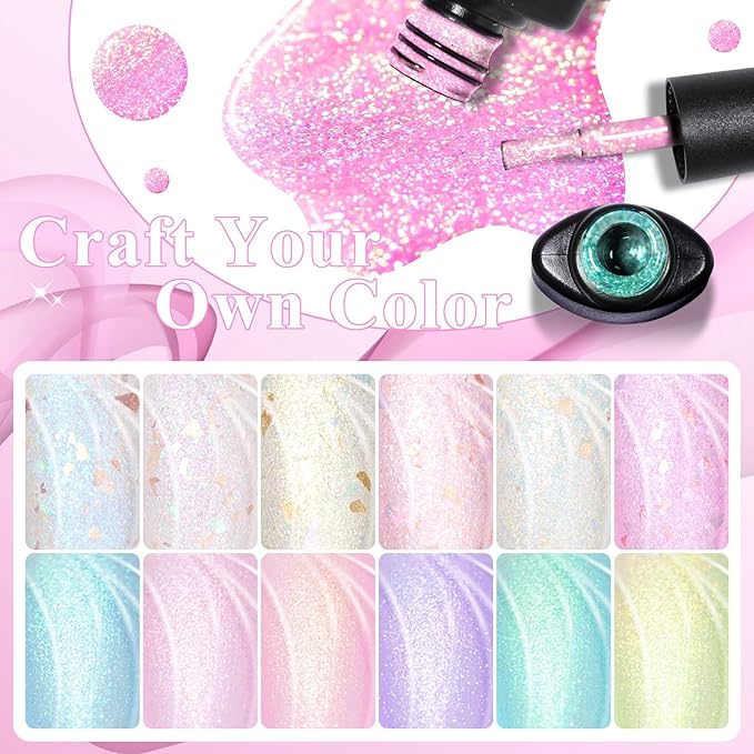 MEET ACROSS Gel Polish Nail Set 18 Colors Spring Pastel Girly Gold Foil Sparkle Glitter Gel Polish Set Dreamy Town Collection Macaroon Bright Pastel Nail Manicure Kit
