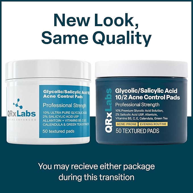 QRxLabs Glycolic + Salicylic Acid Acne Control Pads with 10% Ultra Pure Glycolic & 2% Salicylic, Allantoin, Vitamin B5, C & E, Calendula & Green Tea - Acne Treatment for Clear Skin