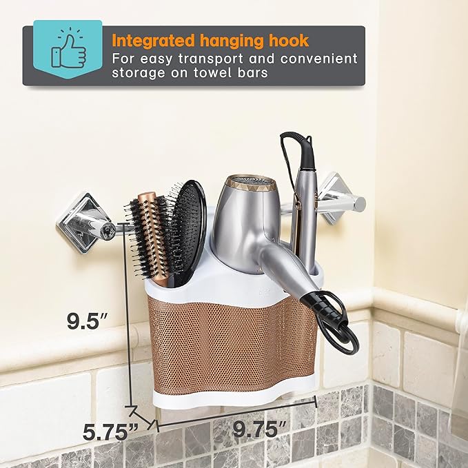 Polder Style Station, Tool Organizer for Hair Dryer, Curling Iron, and Straightener, Easy-to-Store Hair Styling Station, White and Copper