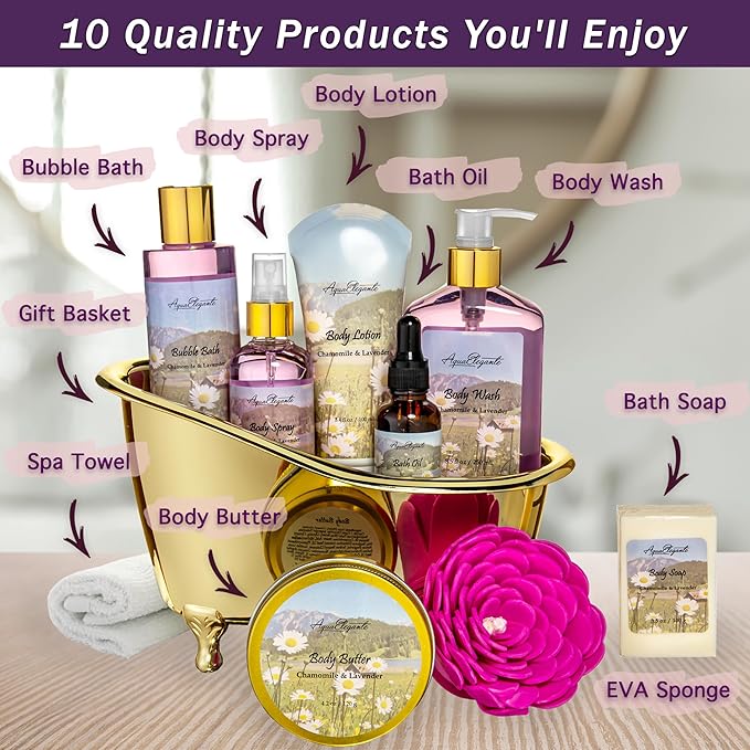 Spa Gift Baskets For Women - Luxury Bath Set With Lavender & Chamomile - Spa Kit Includes Body Wash, Bubble Bath, Lotion, Body Butter, Soap, Body Spray, Shower Puff, and Towel