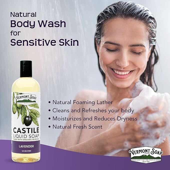 Vermont Castile Soap Lavender, Gentle Liquid Soap for Sensitive Skin & Natural Body Wash, Organic Hair Shampoo for Oily Hair, Aloe Castile Soap for Men & Women - 16 Oz