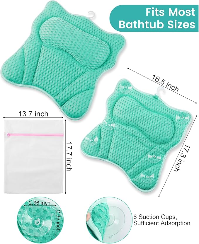 Bath Pillow, Bath Pillows for Tub Neck and Back Support, Soft 4D Air Mesh Bathtub Pillow 16.5 x 17.3 INCH, with 6 Powerful Suction Cups, Bath Accessories Relaxing Gifts for Women (Lake Blue)