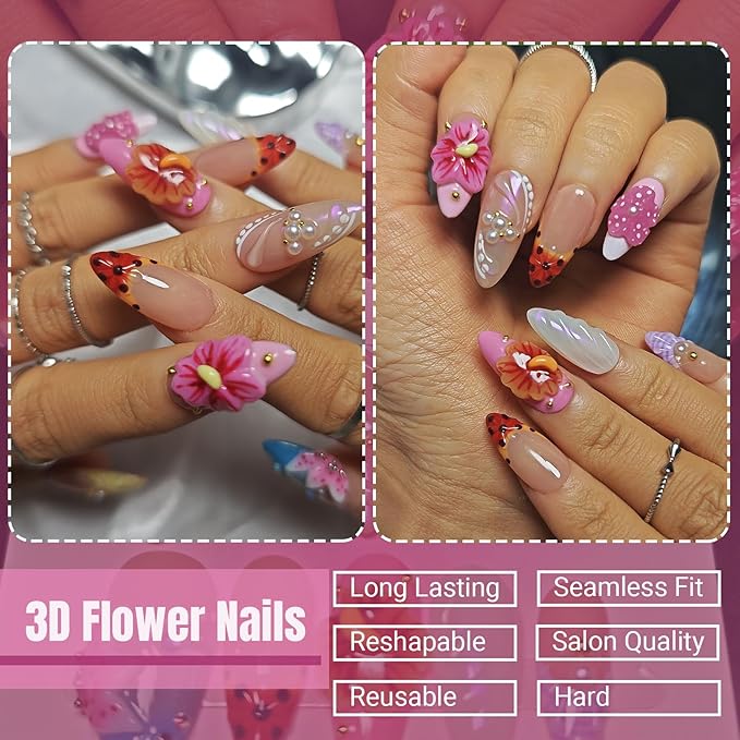 Handmade Acrylic Press On Nails Almond, 3D Press On Nails Medium, Flower 3D Pink Nails French Tip Bubble Preal For Women Gift, Reusable Stick On Fake Nails Kit With Nail Glue (Floral Dreamscape-M)