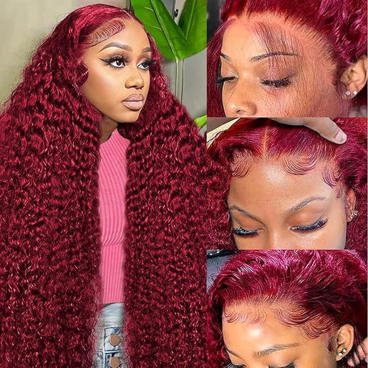 99j Burgundy Lace Front Wigs Human Hair 13x4 Deep Wave Lace Front Wigs Human Hair Pre Plucked 180 Density HD Transparent Wet and Wavy Red Color Curly Wig Human Hair for Women with Baby Hair 24inch