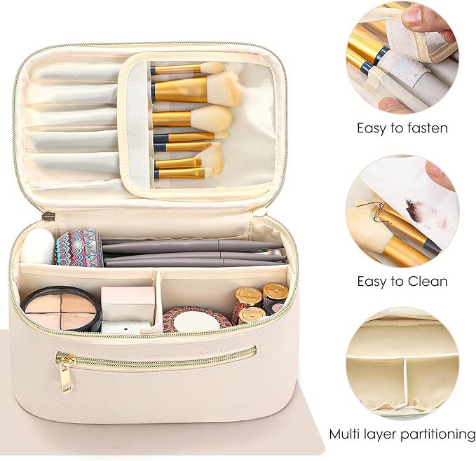 Travel Makeup Bag Organizer, Large Capacity Cosmetic Pouch for Women, Waterproof Make Up Bag with Divider, Clamshell Makeup Case Make Up Bag with Handle and Metal Zipper, Travel Essentials White