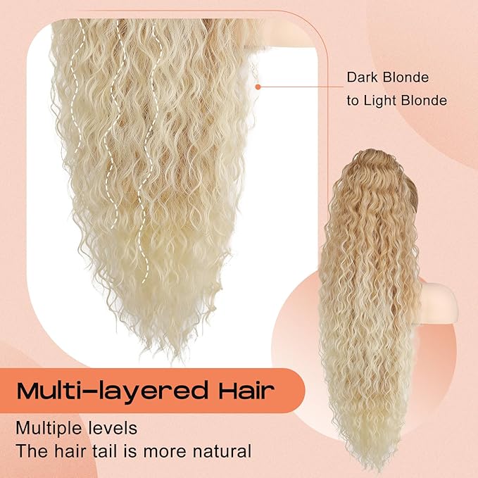 SEIKEA 36" Drawstring Ponytail Extension Long Lightweight Full Natural Curly Fake Pony Tail Multi Layered Soft Clip in Hair Extensions Ponytail Synthetic Hairpiece, Dark Blonde to Light Blonde