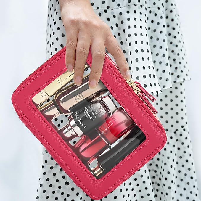 Aveniee Clear Makeup Bag for Women, Clear Cosmetic Case Travel Toiletry Bag, Heavy Duty Makeup Organizer Car Bag for Accessories with Clear Windows & Gold Zippers(PitayaPink)