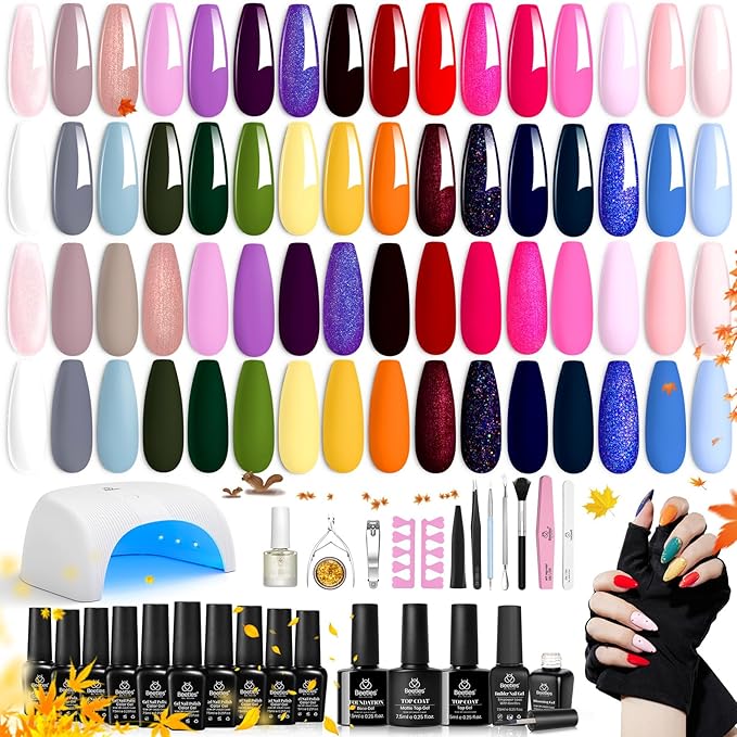 Beetles Gel Nail Polish Kit with Uv Light 53 Pcs Christmas Gift for Women 32 Colors Red Blue Glitter Gel Polish Set Base Top Coat Cuticle Oil and Builder Blooming Gel