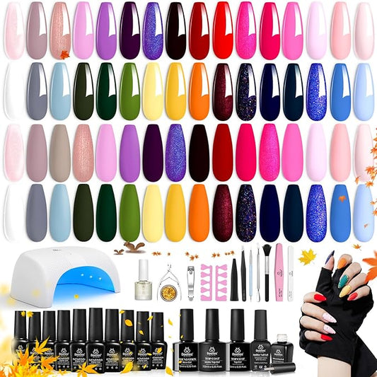 Beetles Gel Nail Polish Kit with Uv Light 53 Pcs Christmas Gift for Women 32 Colors Red Blue Glitter Gel Polish Set Base Top Coat Cuticle Oil and Builder Blooming Gel