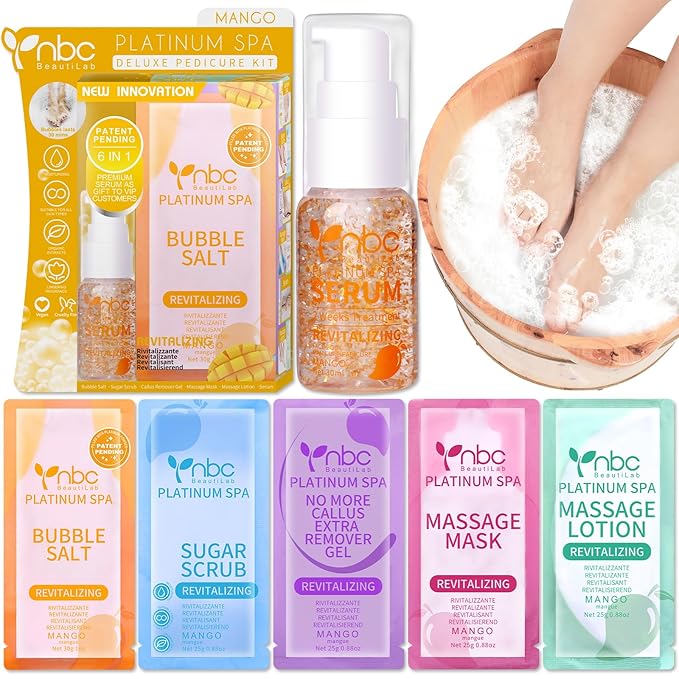 Pedicure Kit Foot Soak Set: Bubble Salt, Sugar Scrub, Massage Mask, Massage Lotion in a Box, 4 Step Foot Spa Kit for Dry Feet, Softens Calluses, Soothes Sore and Tired Feet (Mango)