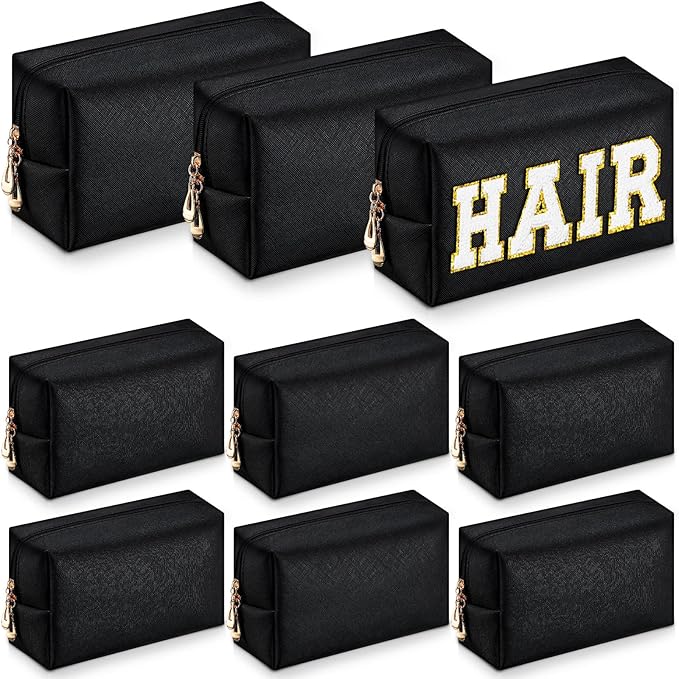 Sanwuta 9 Pcs Preppy Makeup Bag PU Leather Cosmetic Bag Makeup Pouch Plain Waterproof Toiletry Organizers for Traveling Preppy Travel Purse End of the Year Teacher Gifts Bulk(Black)