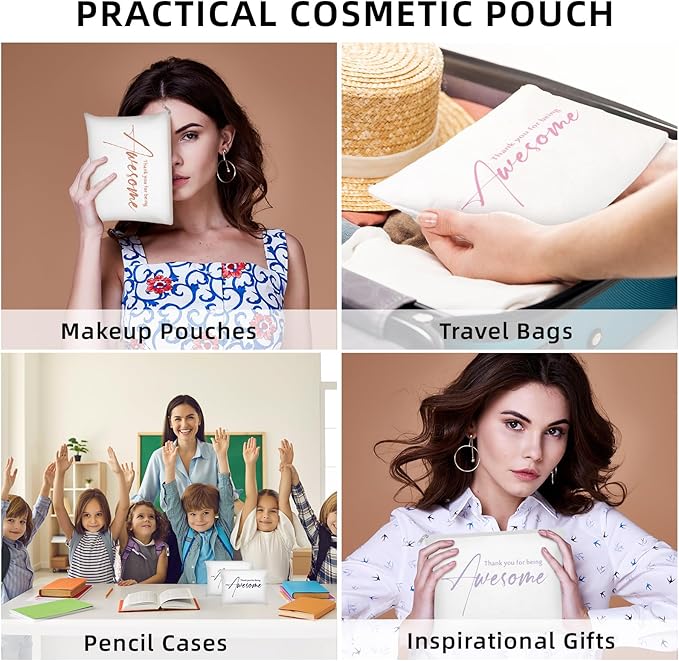 Buryeah 24 Pcs Thank You Cosmetic Bags for Women Thank You for Being Awesome Makeup Bags Bulk Employee Appreciation Pouches for Student Teacher Team Coworker Assistant Gift(White)