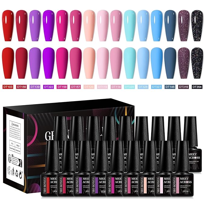 MEET ACROSS Gel Nail Polish Set 18Pcs Nude Gel Polish Set 15 Colors Red Pink Purple Sky Blue Nail Polish Kit Soak Off Nail Set Gifts for Women