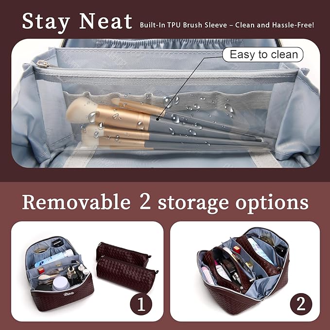 BOYATU Travel Makeup Bags for Women: Large Cosmetic Bag with Compartments - Vegan Leather Make up Bag Set of 3 - Compact Toiletry Organizer for Traveling (L14 Wine red)