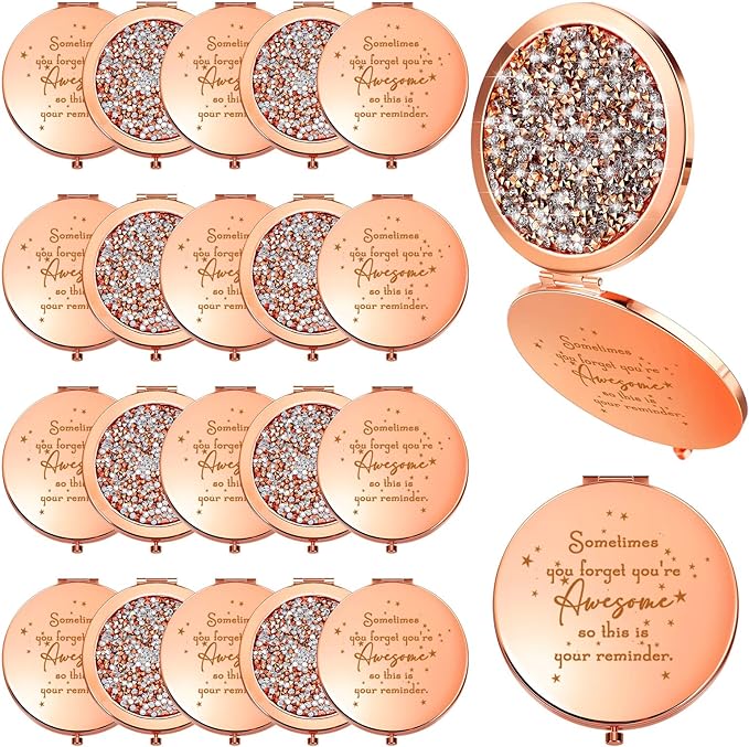Roowest 20 Pcs Inspirational Compact Mirror Sometimes You Forget You're Awesome Appreciation Gifts for Women Mother's Day Party Favors Magnifying Pocket Mirror (Rose Gold)