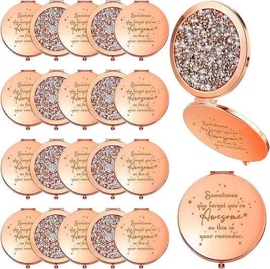 Roowest 20 Pcs Inspirational Compact Mirror Sometimes You Forget You're Awesome Appreciation Gifts for Women Mother's Day Party Favors Magnifying Pocket Mirror (Rose Gold)