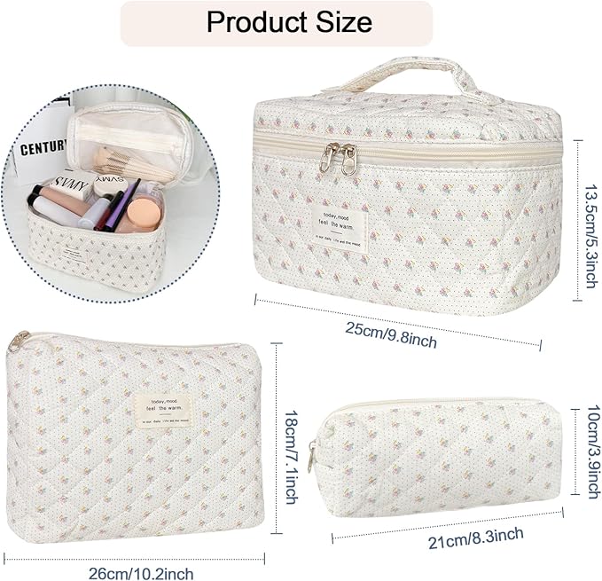 3Pcs Cotton Quilted Makeup Bag for Women Girls, Large Floral Cosmetic Bag Set Cute Makeup Brushes Aesthetic Accessories Storage Bag Little Flower Travel Toiletry Bag Organizer