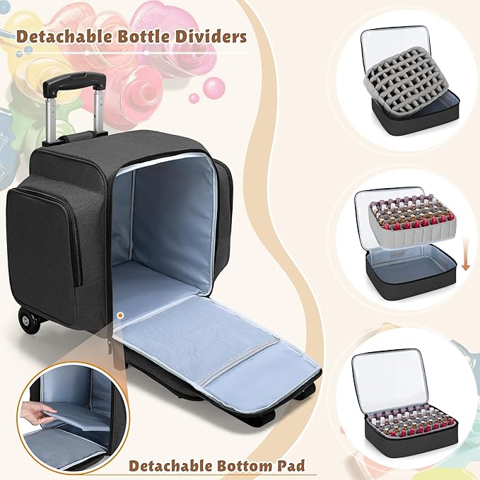 BAFASO Rolling Nail Polish Organizer Holds 144 Bottles, Nail Polish Case with a Detachable Dolly and 3 Removable Cases (Patented Design), Black