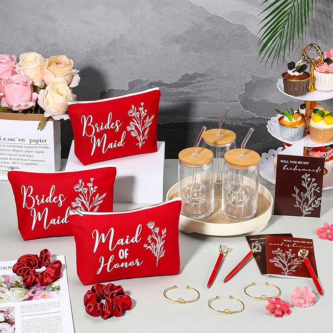 Irenare 36 Pcs Bridesmaid Proposal Gifts Bridal Shower Gifts 16 oz Glass Cup Cosmetic Makeup Bags Invited Cards Scrunchies Hair Knotted Bracelets Diamond Pens Favors for Wedding (Red)