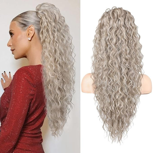Blonde Ponytail Extension, SEIKEA 26" Lightweight Curly Drawstring Ponytail Long Thick Fake Pony Tail Multi Layered Natural Soft Clip in Hair Extensions Ponytail Ash Gray Ash Blonde Highlights