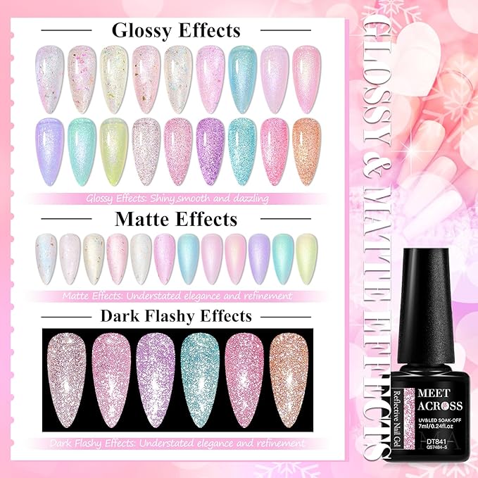 MEET ACROSS Gel Polish Nail Set 18 Colors Spring Pastel Girly Gold Foil Sparkle Glitter Gel Polish Set Dreamy Town Collection Macaroon Bright Pastel Nail Manicure Kit