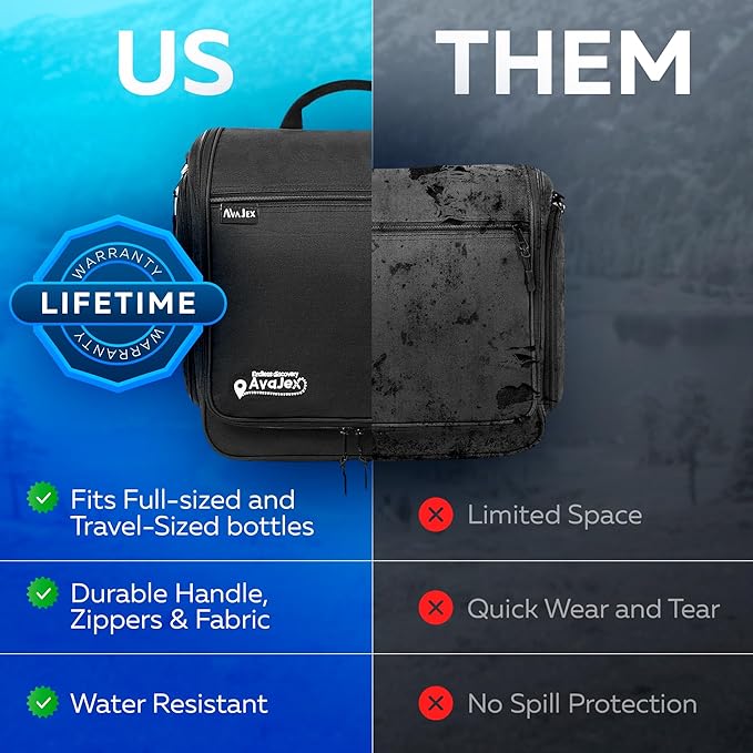 AvaJex Extra Large Hanging Travel Toiletry Bag for Men and Women - Cosmetic Travel Bag With Shoulder Strap - Waterproof Hygiene Bag with Metal Xxl Swivel Hook and 19 Compartments for Toiletries