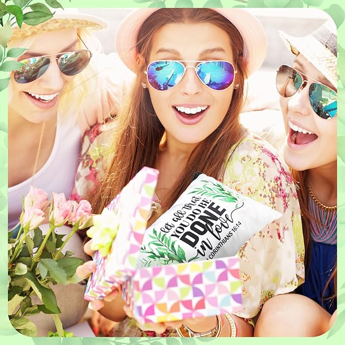 Pinkunn 16 Pcs Canvas Cosmetic Bag Bulk Inspirational Quotes Makeup Bags with Zipper Encouragement Travel Toiletry Pouch Appreciation Gift for Christmas Teacher Birthday Graduation(Bible Leaves)