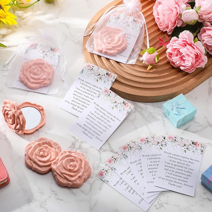 50 Sets Bridal Shower Party Favors for Guests Small Rose Compact Mirror Bulk Wedding Favors Thank You Cards and Organza Bags Wedding Party Guests Souvenir Gift (Pink Champagne)