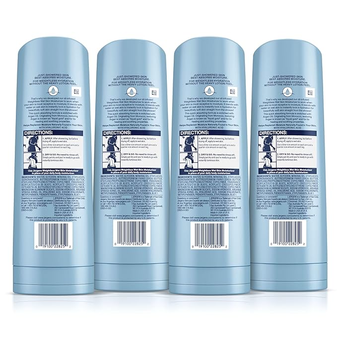 Jergens Wet Skin Body Moisturizer with Restoring Argan Oil, In Shower Lotion, Moisturizer for Dry Skin, Fast-Absorbing, Non-Sticky, 10 Ounces (Pack of 4), Dermatologist Tested (Packaging May Vary)