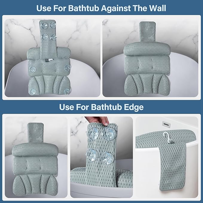 Bath Pillow Bathtub Pillow for Tub Luxury Bath Tub Pillows for Tub Neck and Back Support with 4D Air Mesh Fabric and 8 Strong Powerfull Non-Slip Suction Cups Relaxing Bath Accessories Spa Gifts, Grey