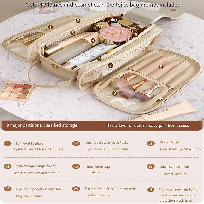 Travel Toiletry Bag for Women PU Leather Triple-layer Double Zipper Toiletry Bags,Waterproof with Handle Mens Toiletry Bag Stowable Brushes, Toiletries Makeup for Business Trips Camping Bathroom Beige