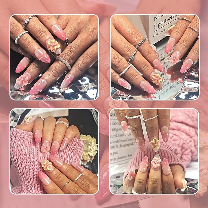 Handmade Acrylic Press On Nails Almond, Short Oval Press On Nails Pink, Ombre 3D Flower Nails For Women Gift, Reusable Stick On Fake Nails Kit With Nail Glue(3D Floral Blush-M)