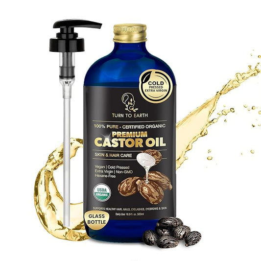 Organic Castor Oil, Cold Pressed, Glass Bottle, USDA Certified Premium Organic, Unrefined, Hexane Free, for Hair Growth, Radiant Skin, Eyebrows, Lashes and Fuller Hair, 16.9 oz w/ Pump (Made in USA)