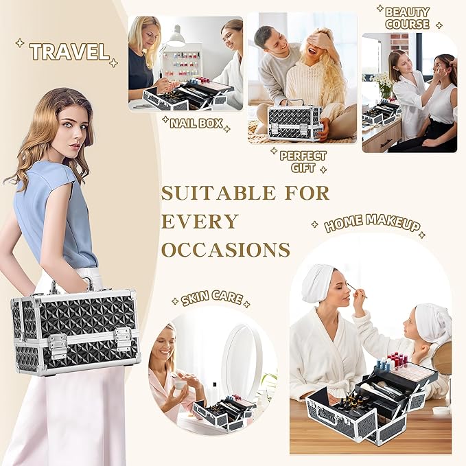 Leeora&Leekoo Makeup Train Case Cosmetic Box Portable Makeup Case Organizer 2 Trays Makeup Storage with Mirror for Cosmetologist Aesthetic Supplies Nail Tech Traveling Makeup Box (Black)