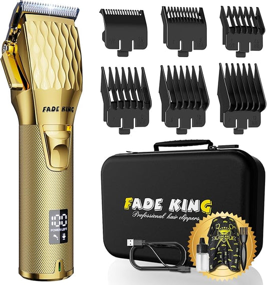 FADEKING® Professional Hair Clippers for Men - Cordless Barber Clippers for Hair Cutting, Rechargeable Hair Beard Trimmer with LED Display & Quality Travel Storage Case (Gold)