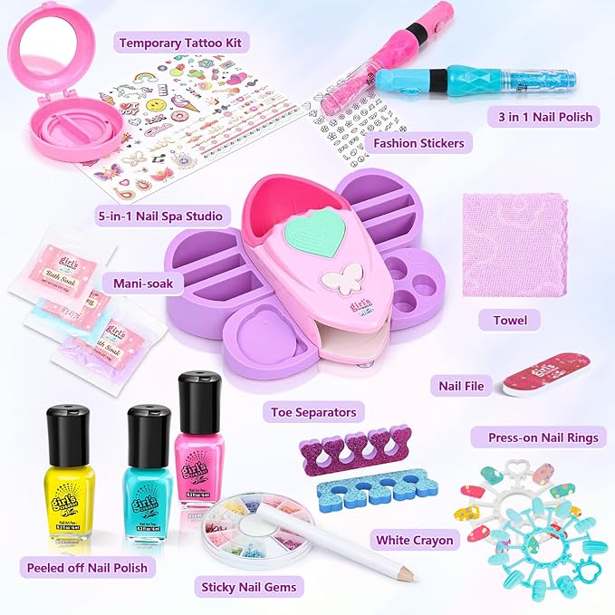 Nail Kit For Girls - Girls Toys 8 -10, Kids Nail Polish Set with Nail Dryer & Temporary Tattoo Kids, Spa Day Kit for Girls, Manicure Birthday Gifts Toys for Girls 6 7 8 9 10-12 Years old