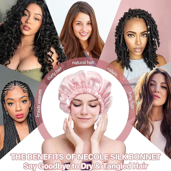 22 Momme 100% Mulberry Double Silk Bonnet for Sleeping Women Double Layer Lined Stay On Head for Hair Care with Adjustable Elastic Band Non-Slip Silk Turban Curly Hair Silk Hair Cap Pink